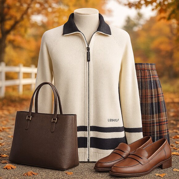 LizGolf by Liz Claiborne Ivory Zip-Up Sweater (M) — Classic Fall Style - Picture 2 of 11